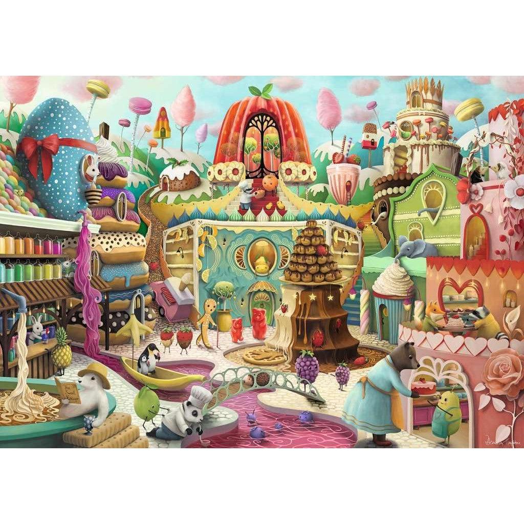 A whimsical confectionery village awaits puzzle enthusiasts, featuring animal characters, candies for buildings, and sweets-themed scenery. Dive into Ravensburger Sweet Street Puzzle with vibrant colors and playful activities, enhanced by the precision of Softclick Technology.