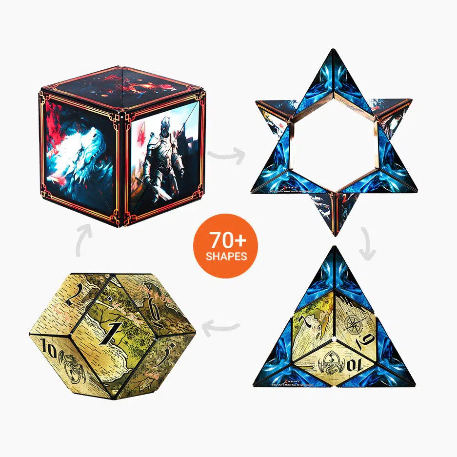 A set of four geometric shapes crafted in fantasy art, including a cube, star, dodecahedron, and triangular pyramid made from recyclable ABS plastic. The collection showcases intricate designs with a label reading "70+ Shapes.