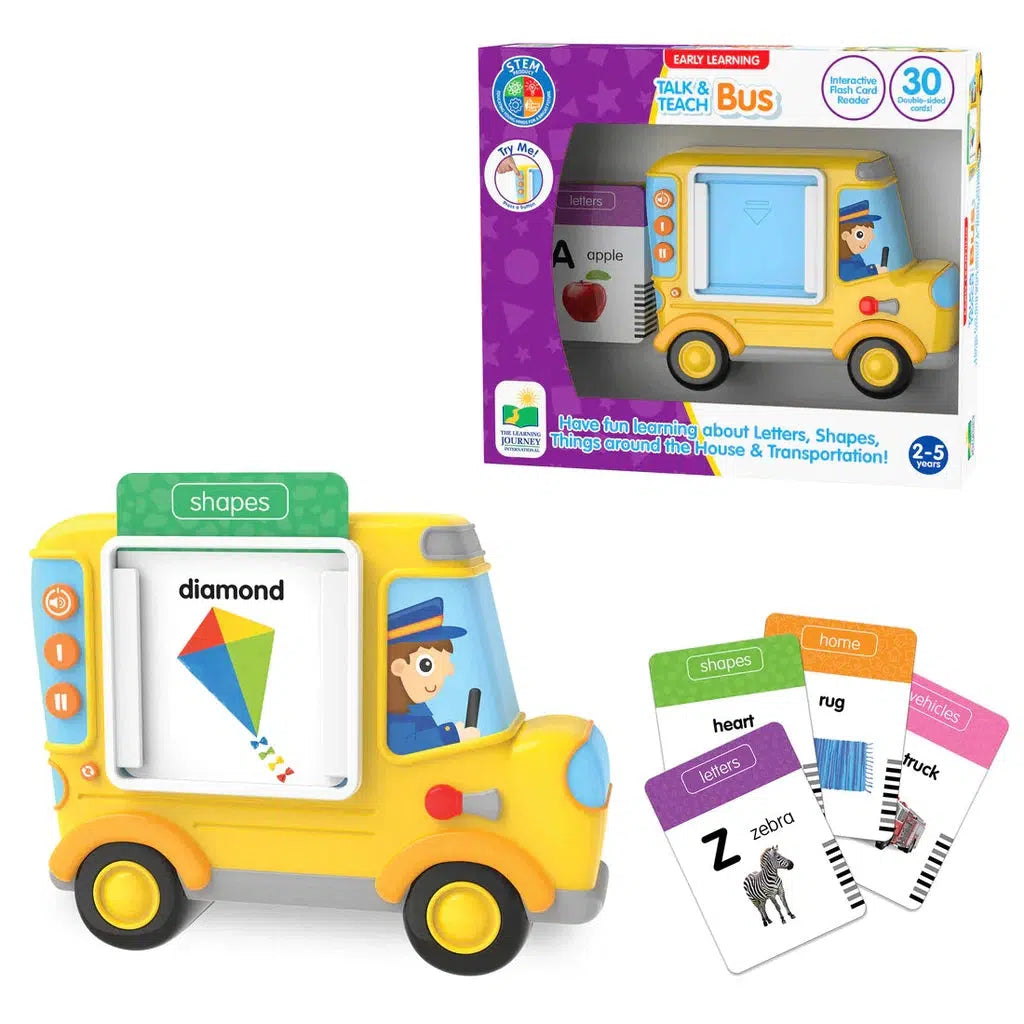 A yellow toy bus with educational flashcards and a screen displaying shapes, letters, and words. The colorful packaging is designed for early learning fun, enhancing vocabulary skills and sight word recognition for ages 2-5.