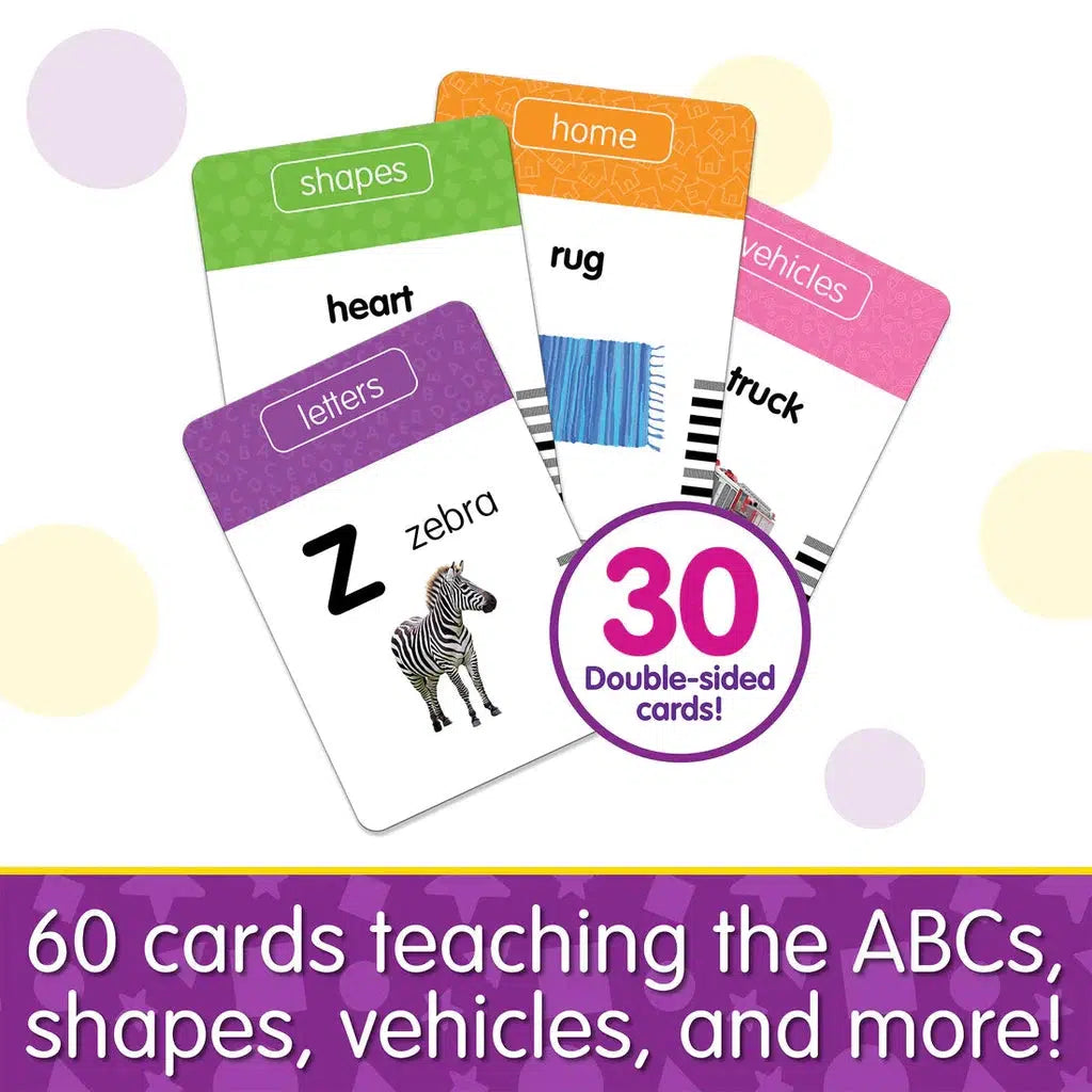 A set of 60 educational cards featuring letters, shapes, and vehicle illustrations enhances vocabulary skills. A card with the letter "Z" and a zebra is visible, emphasizing variety for sight word recognition on this learning bus journey.