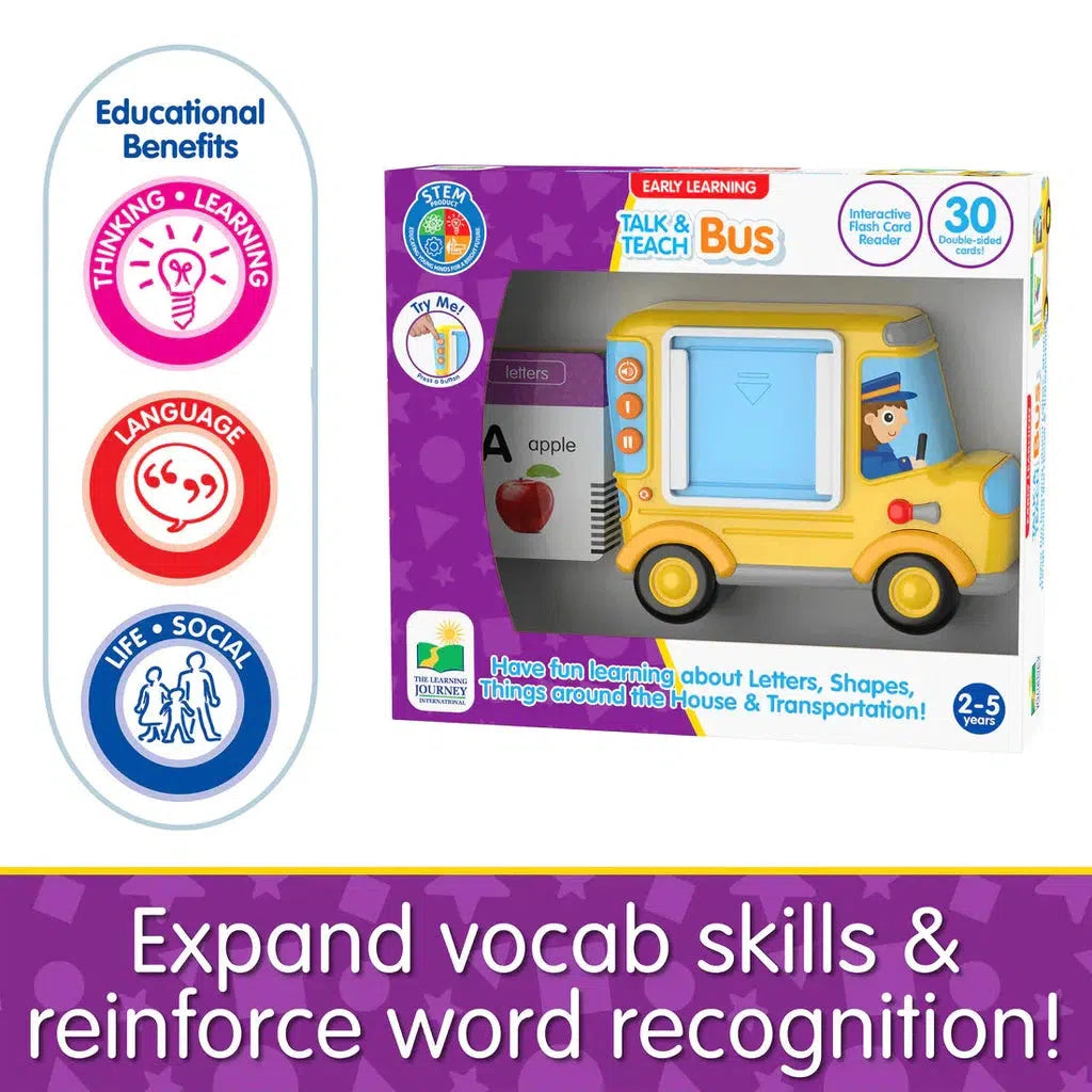 The packaging of this early learning toy bus, complete with interactive flashcards, sparks learning fun for ages 2-5. It highlights educational benefits in thinking, sight word recognition, language development, and life skills.