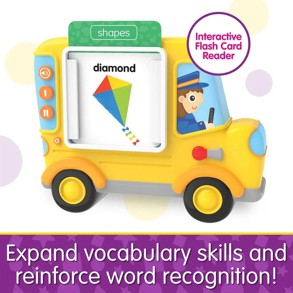 A toy bus with a flash card showing a diamond shape invites learning fun. Text reads, "Expand vocabulary skills and reinforce sight word recognition!