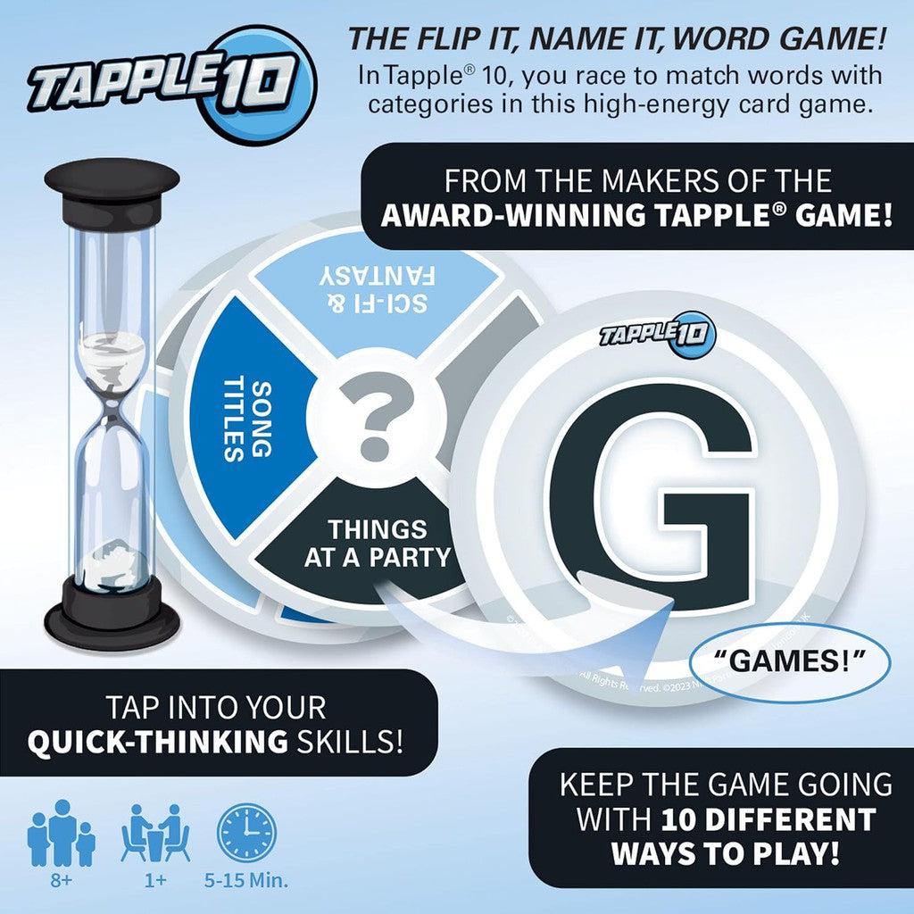 Promotional image for USAopoly Tapple 10, the exciting family card game. Featuring a game disk with categories, an hourglass timer, and portable packaging that highlights its engaging gameplay features and multiple versions. Perfect for on-the-go fun!.