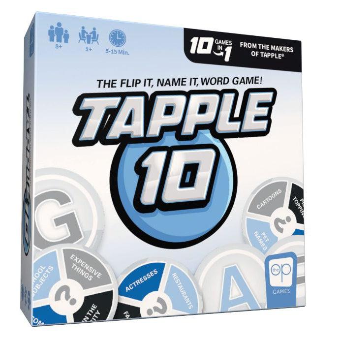 The box of "Tapple 10" highlights its portable packaging, featuring icons for 10 games in 1. Perfect as a family card game, it accommodates 1+ players aged 8+, with a quick playtime of just 5-15 minutes.