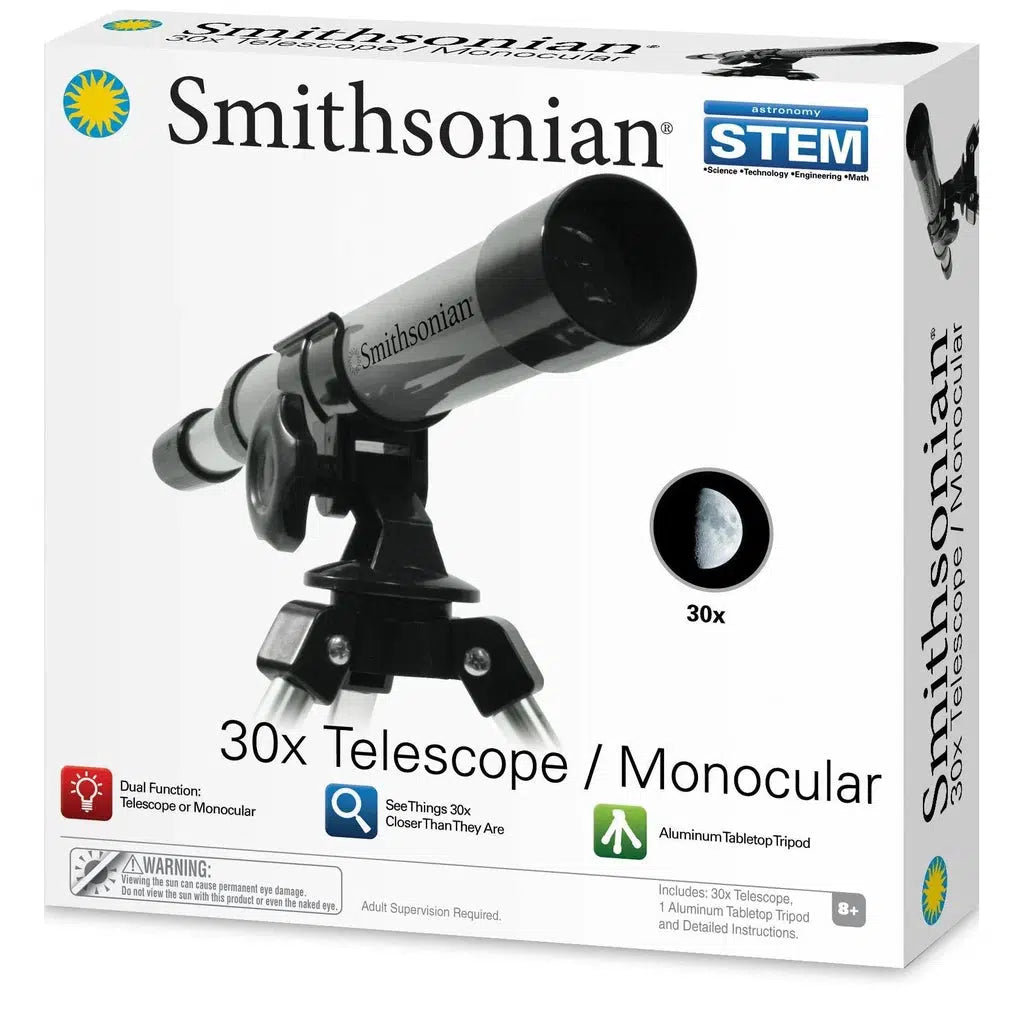 Box displaying a 30x Smithsonian Telescope, showcasing its dual function as a telescope or monocular with an aluminum tabletop tripod. This STEM toy provides detailed views of the night sky, perfect for budding astronomers aged 8 and up.