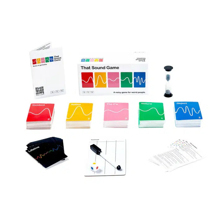 An interactive board game set featuring category cards, a sand timer, dice, and instruction sheets, all displayed on a pristine white background. Perfect for transforming any gathering into an unforgettable party game experience!.