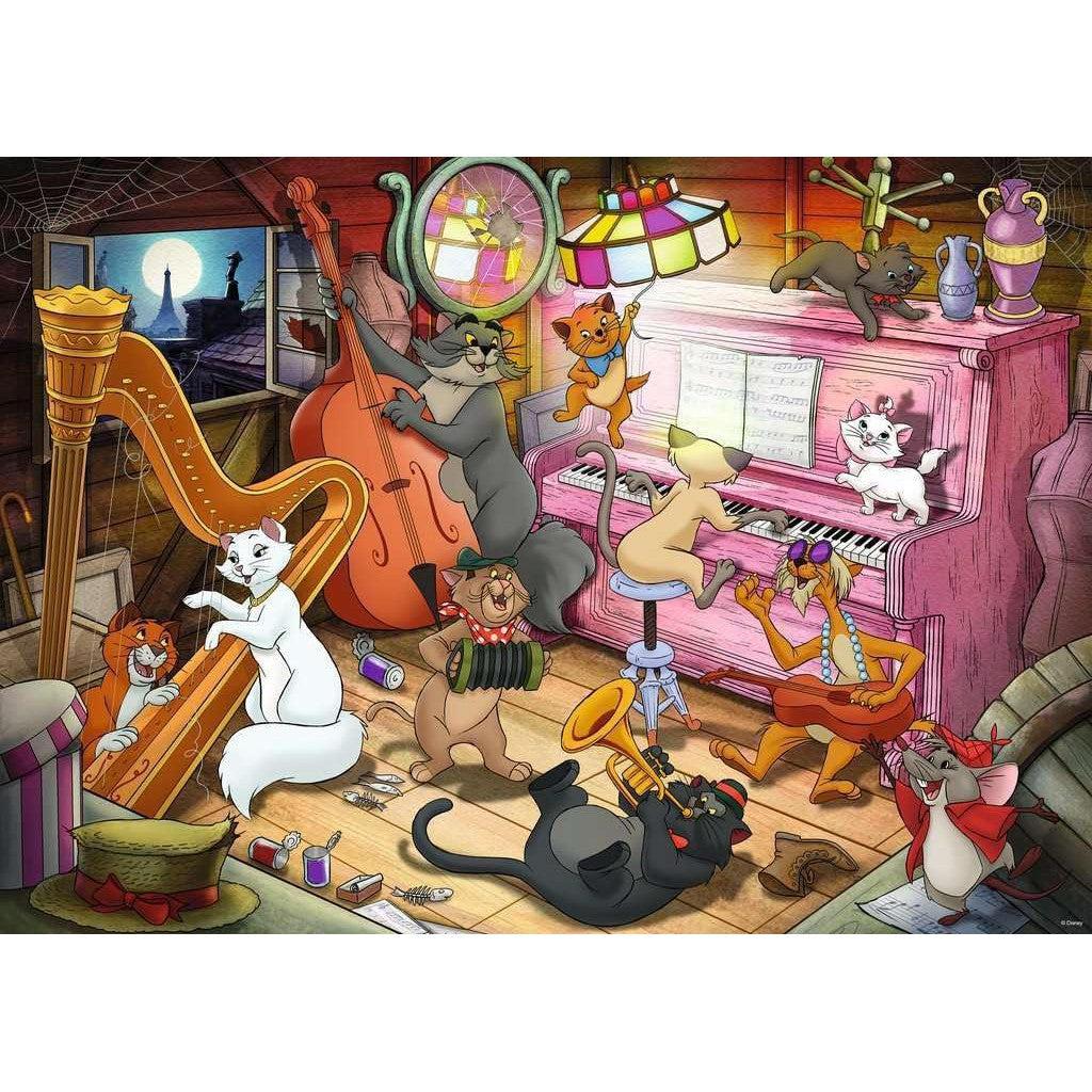 In an enchanting attic, anthropomorphic cats from the Aristocats Jigsaw Puzzle by Ravensburger come to life, playing a lively tune on the piano, harp, and trumpet. This Disney Collector's Edition puzzle captures their whimsical world in every piece.