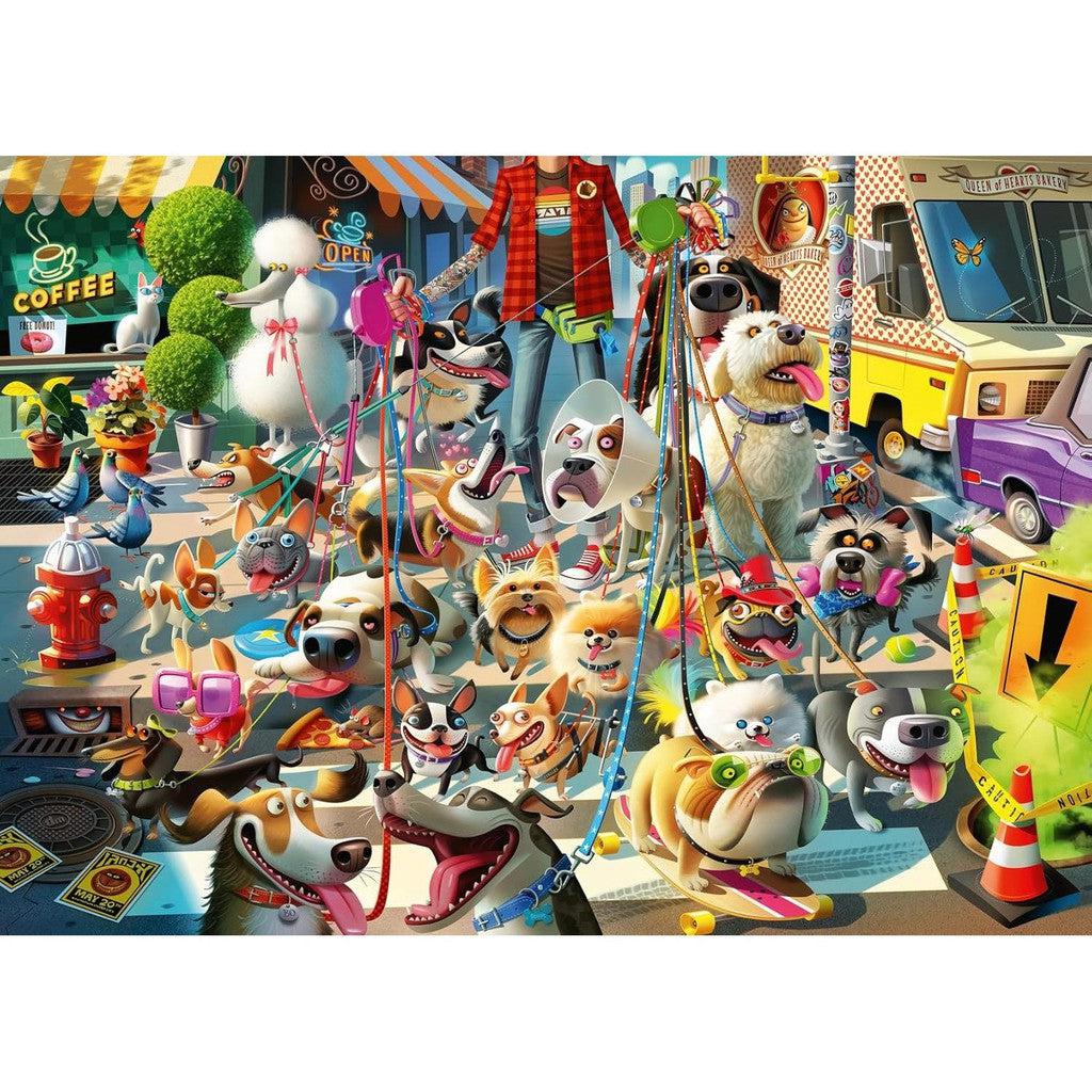 Enjoy the vibrant Dean Macadam artwork with this Ravensburger The Dog Walker Puzzle. This 1000-piece jigsaw captures a lively scene filled with cartoon animals in a colorful setting, featuring a coffee shop, ice cream truck, and an exciting dog parade.