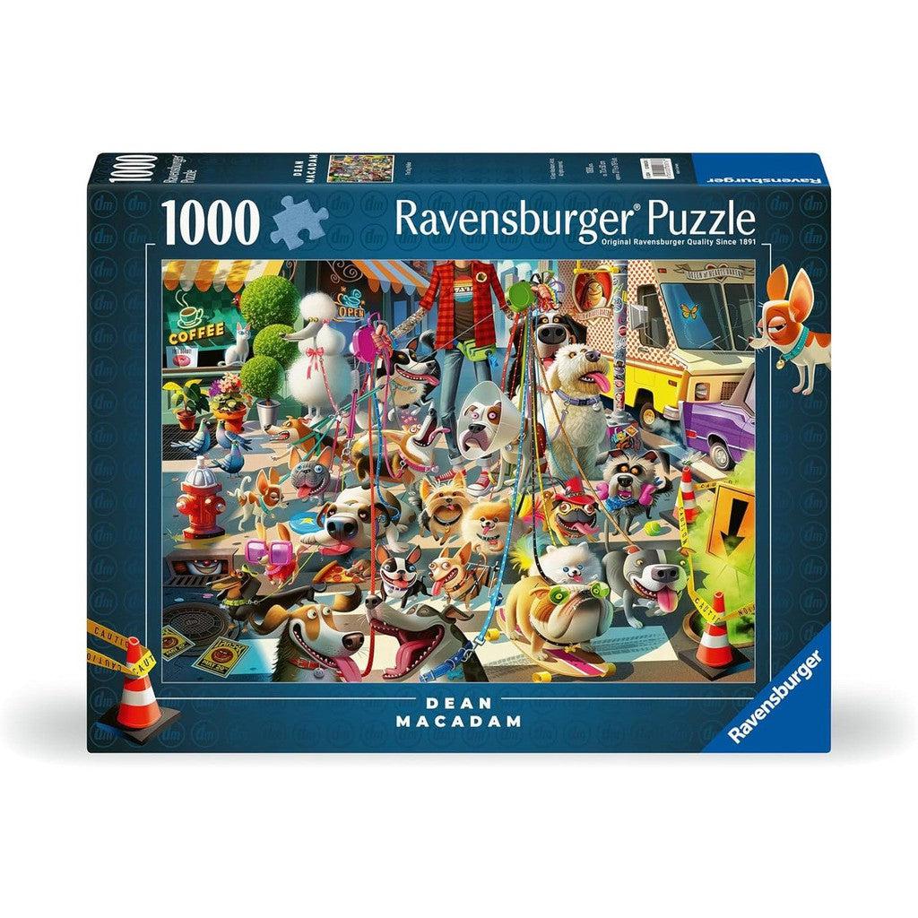 Enjoy the vibrant Dean Macadam artwork with this Ravensburger The Dog Walker Puzzle. This 1000-piece jigsaw captures a lively scene filled with cartoon animals in a colorful setting, featuring a coffee shop, ice cream truck, and an exciting dog parade.