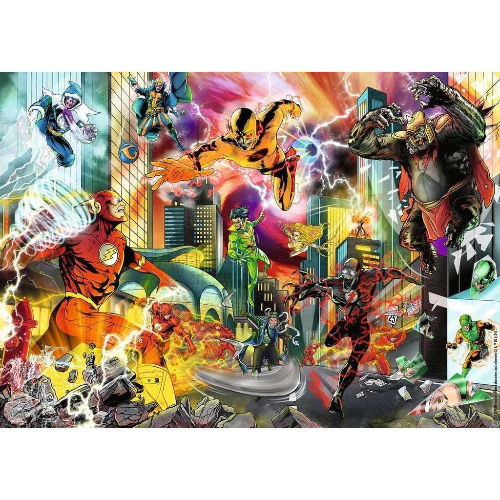 A dynamic comic book scene with superheroes and villains in an intense battle in a city setting, featuring vivid costumes and action poses, comes to life in the Ravensburger DC Collector’s Edition 1000 Piece Puzzle.