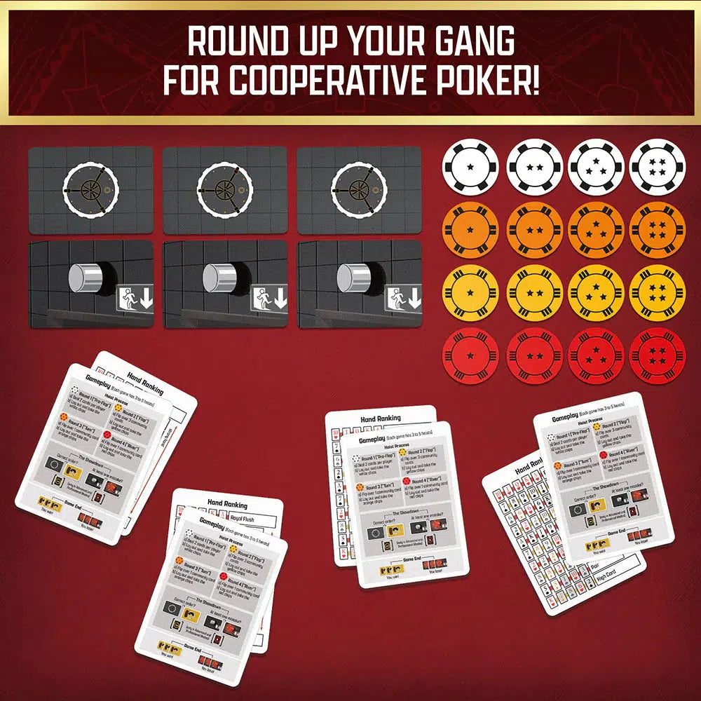 A thrilling heist-themed cooperative poker game setup, featuring cards, tokens, and instruction sheets on a vibrant red background.