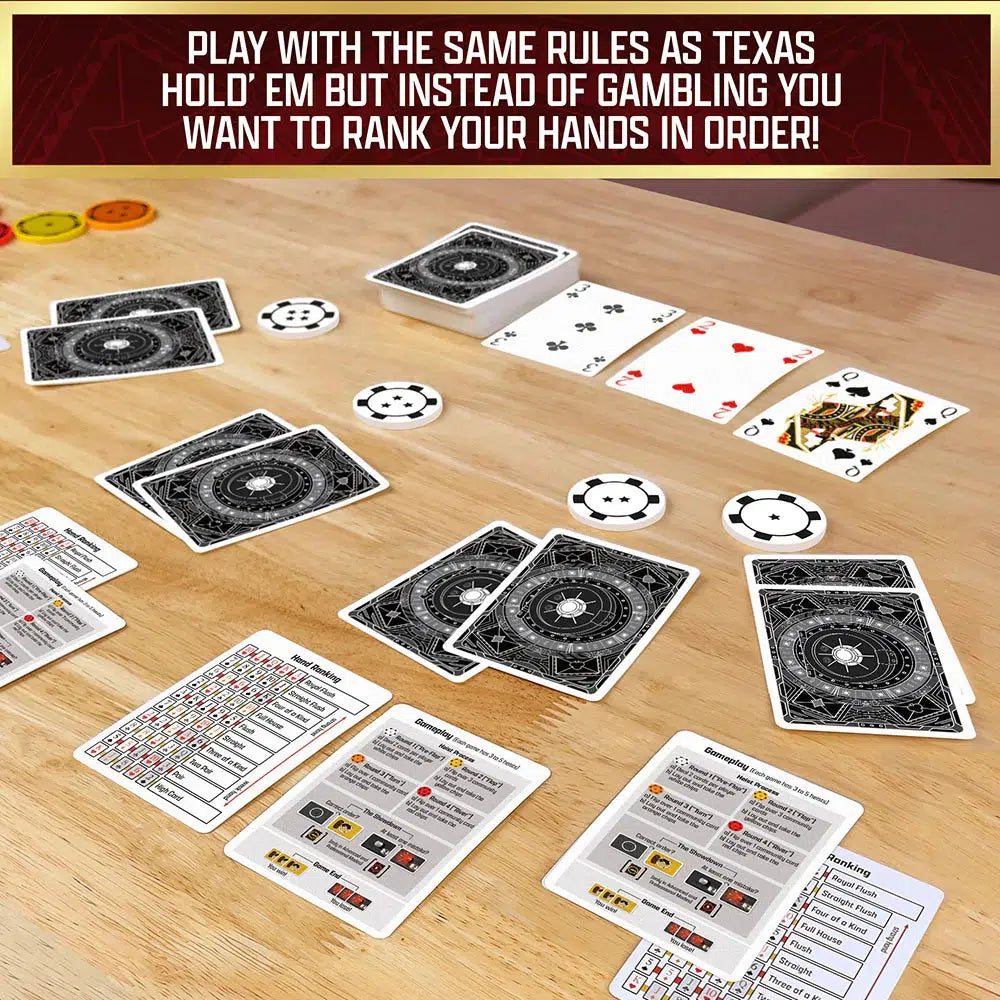 A card game setup unfolds on the table, featuring chips and instruction sheets. Cards are a mix of face-up and face-down, with a message above detailing hand rankings like poker’s Texas Hold'em. Uniquely, this cooperative card game eliminates gambling elements for strategic fun.