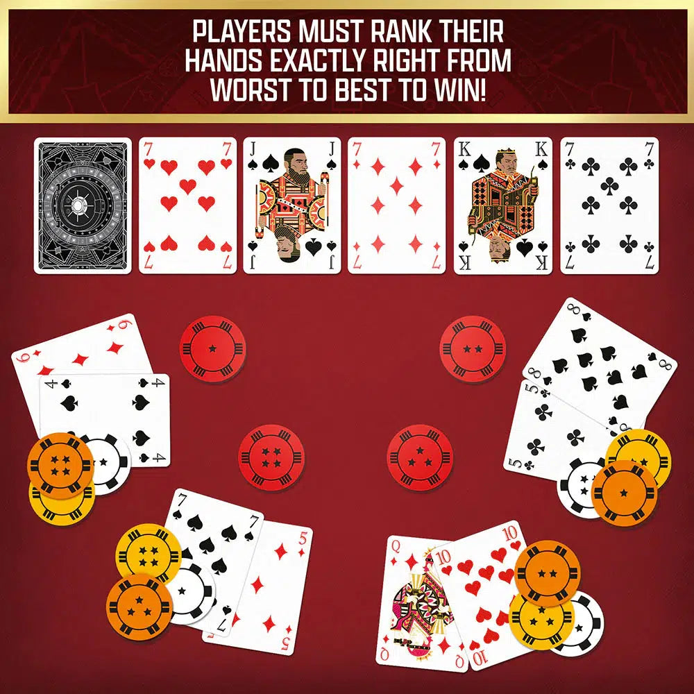 A heist-themed scene unfolds with playing cards, poker chips, and game instructions displayed on a red background.