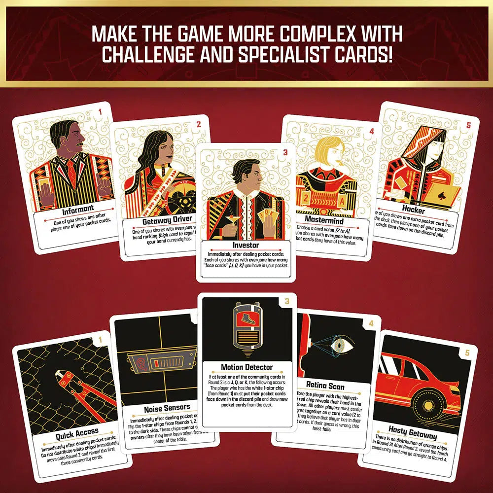 Game cards, perfect for cooperative card games, feature roles like Informant, Getaway Driver, and Mastermind alongside challenge cards such as Quick Access and Motion Detector on a striking red background.