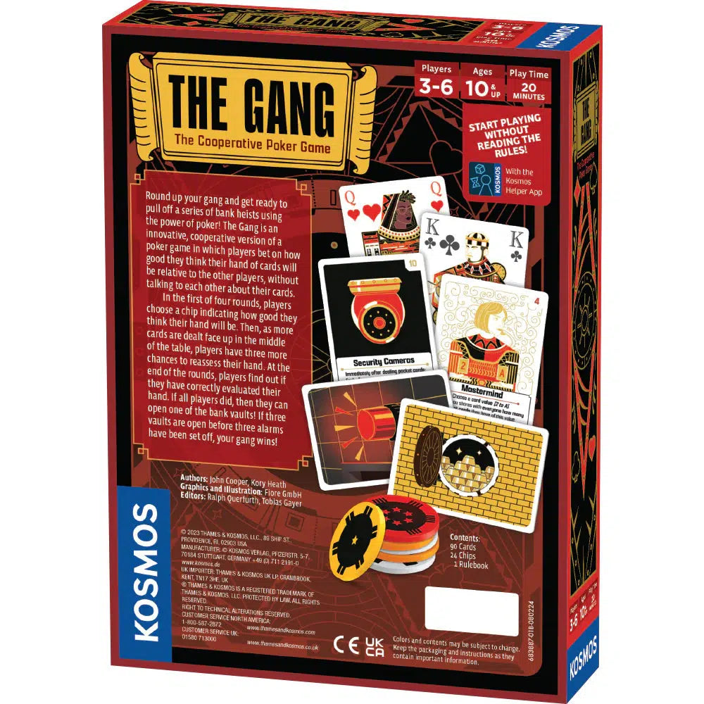 Box of "The Gang" heist-themed cooperative poker game showcasing cards, poker chips, and intricate game details.