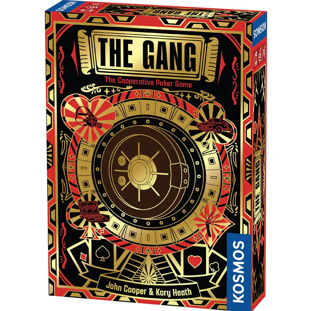 Cover of "The Gang: The Cooperative Poker Game" by John Cooper &amp; Kory Heath. Features a roulette wheel and poker symbols in gold, red, and black, reminiscent of Texas Hold'em. Published by Kosmos.