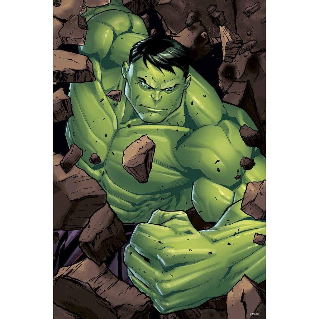 Illustration of a muscular green superhero, Marvel's The Hulk, breaking through a wall, surrounded by flying debris.