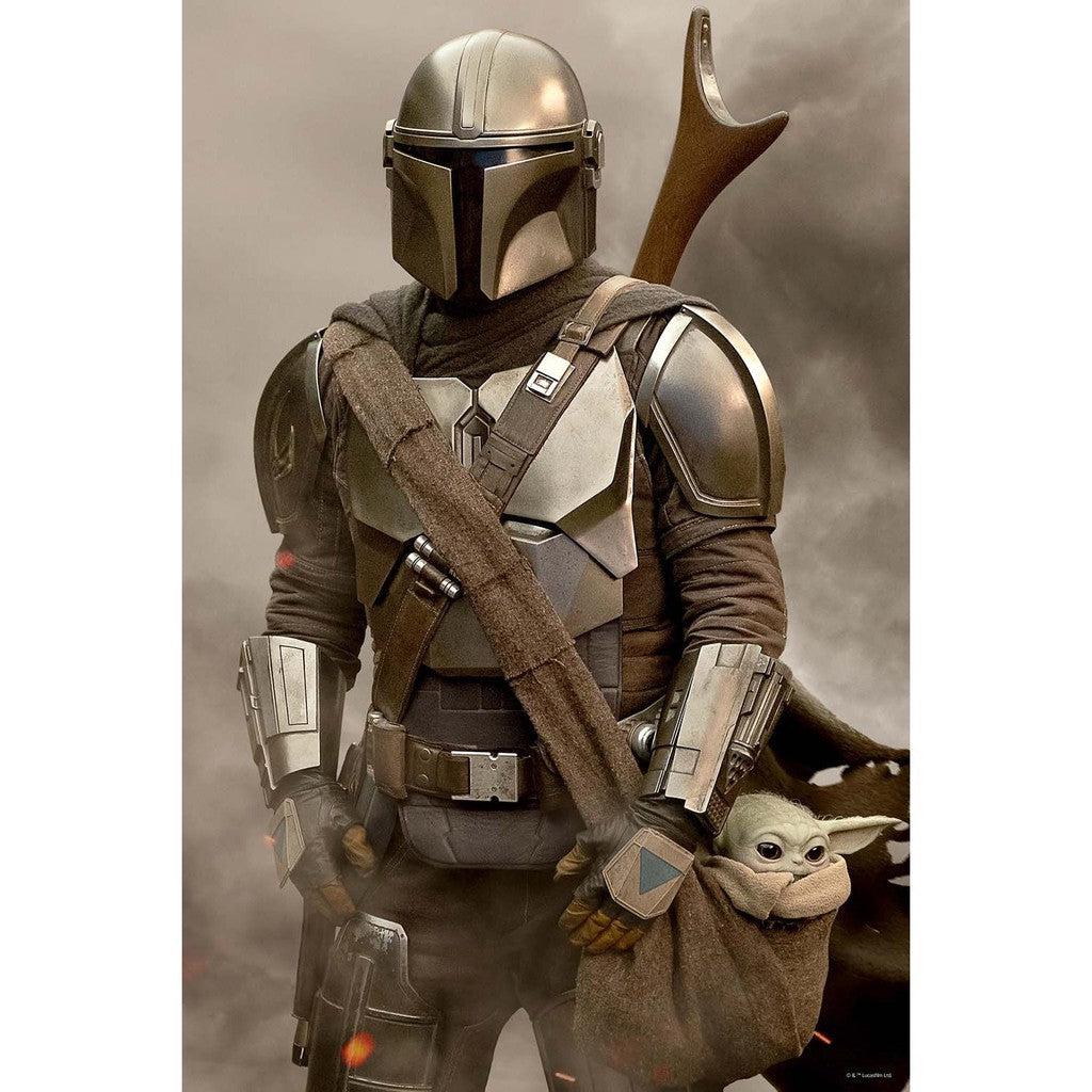 A person in silver armor, reminiscent of a Mandalorian warrior, stands with a creature snug in a bag. The smoky background casts an enigmatic aura, much like a scene crafted by Prime 3D Ltd.