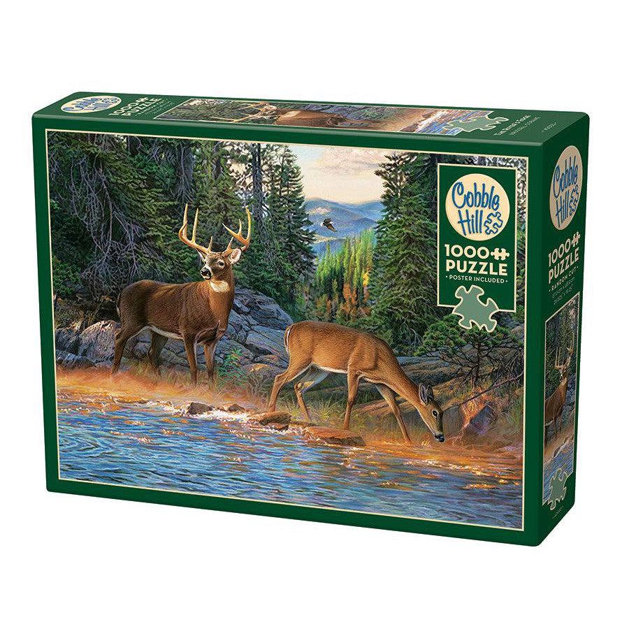 Box of 1000 pc puzzle with image of two deer in a river on the edge of a forest