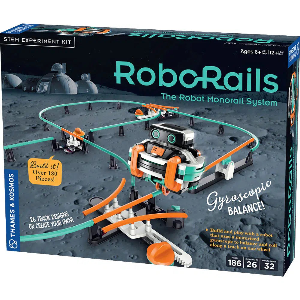 The image shows the packaging of a STEM experiment kit called "RoboRails The Robot Monorail System" suitable for ages 8 and up. It features gyroscopic balance and includes components for building an advanced monorail track, making it a perfect introduction to futuristic transportation.