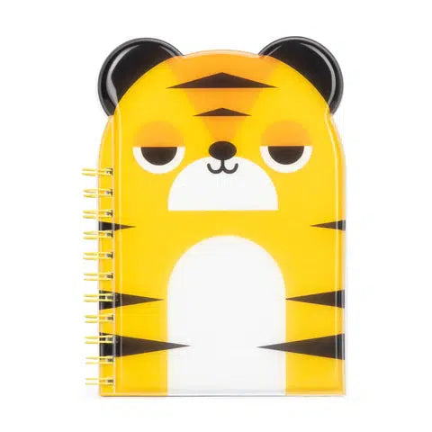 An orange spiral-bound notebook shaped like a cartoon tiger head and torso