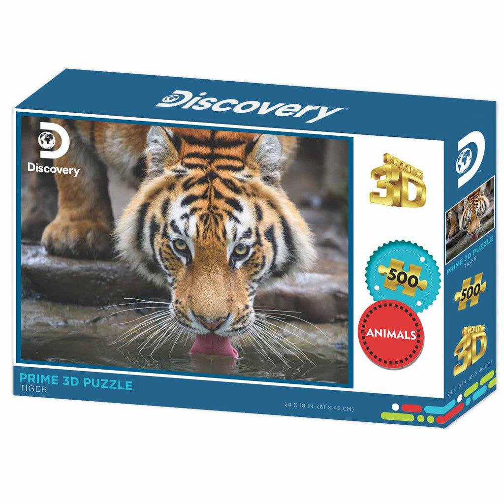 This Prime 3D puzzle box features a captivating image of a tiger drinking water, proudly branded by "Discovery." With 500 pieces in the "Animals" category, 