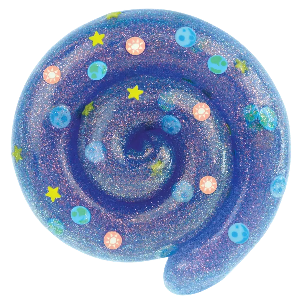 dark bluish purplish glittery putty with tiny plants, suns, and stars inside