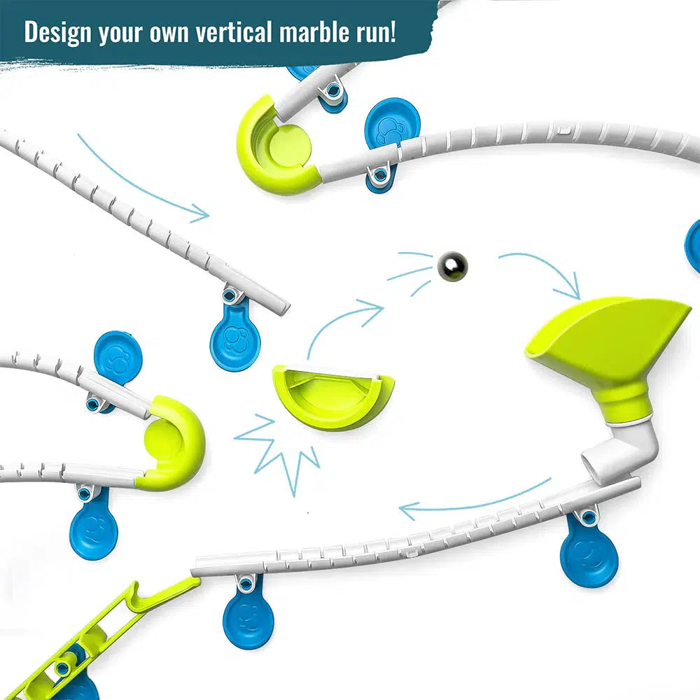 Create your own nano-adhesive vertical marble run with green and blue tracks. Watch the metal marble bounce like a trampoline as it navigates the exciting course.