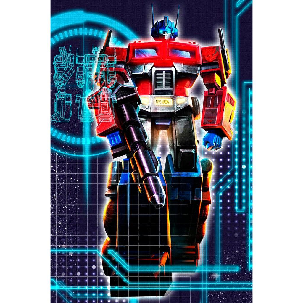 Optimus Prime stands in a dynamic pose against a digital grid background. With vibrant red and blue colors, detailed mechanical parts, and glowing accents, it emanates the artistry akin to Prime 3D Ltd's innovative designs.