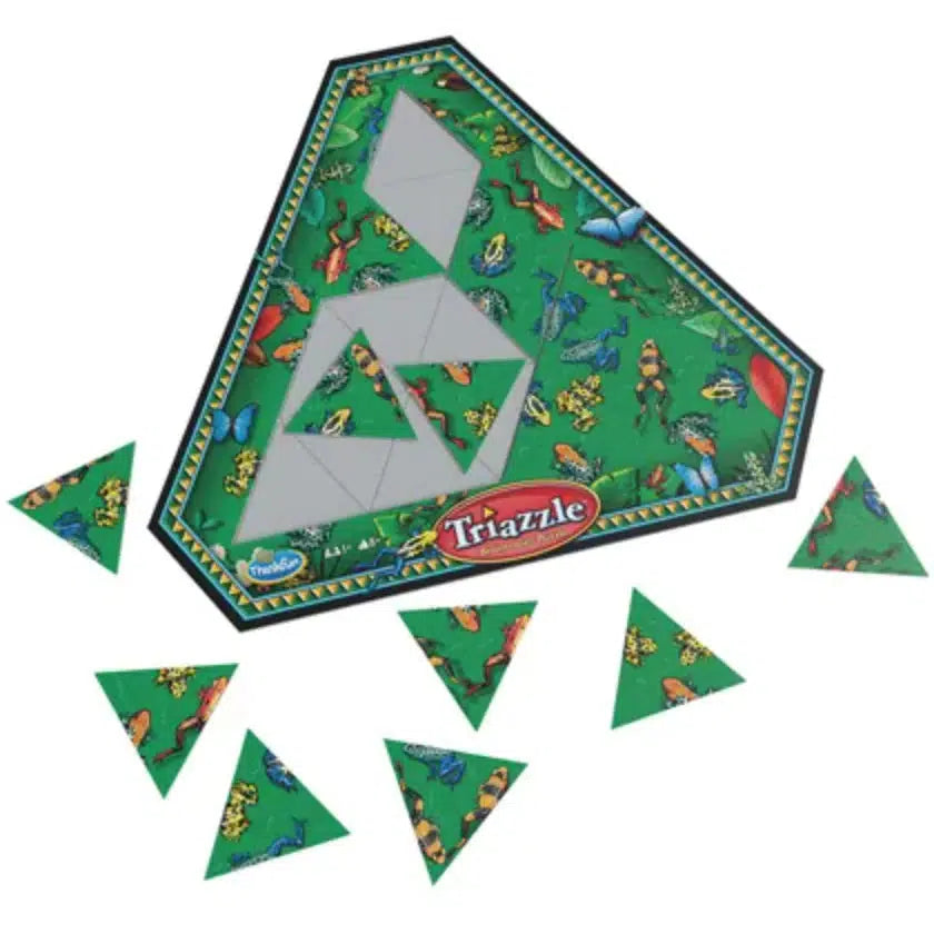 Triangular puzzle game with a green nature theme, labeled "Triazzle." Several pieces are detached, displaying various animal designs.