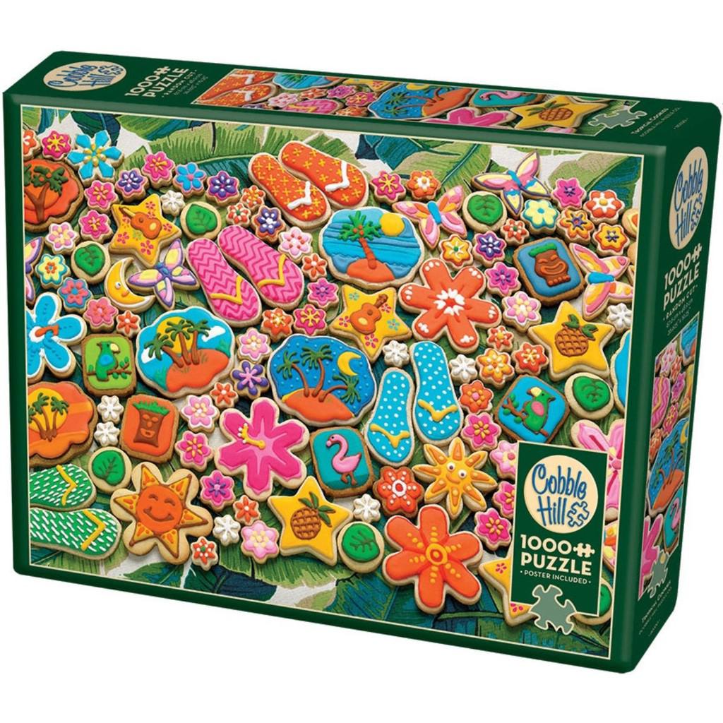 1000 pc puzzle of an image filled with frosted cookies, all in tropical colors and themes