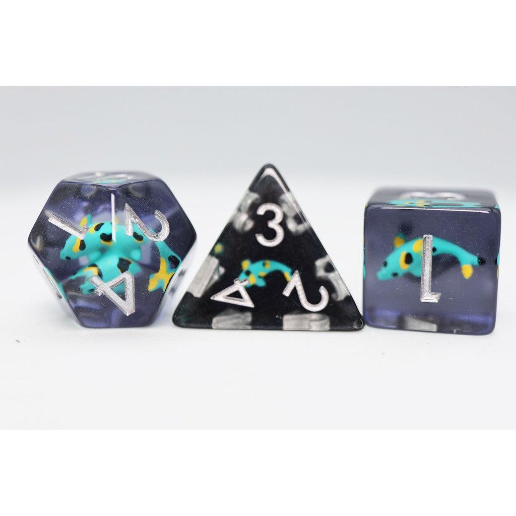 Fantasy-inspired polyhedral dice with embedded koi fish design, perfect for role-playing games, displaying numbers 4, 2, 3, and 1.