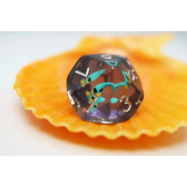 A multi-sided, transparent purple die with numerals is perched on an orange shell, reminiscent of treasures in a Dungeons and Dragons quest.