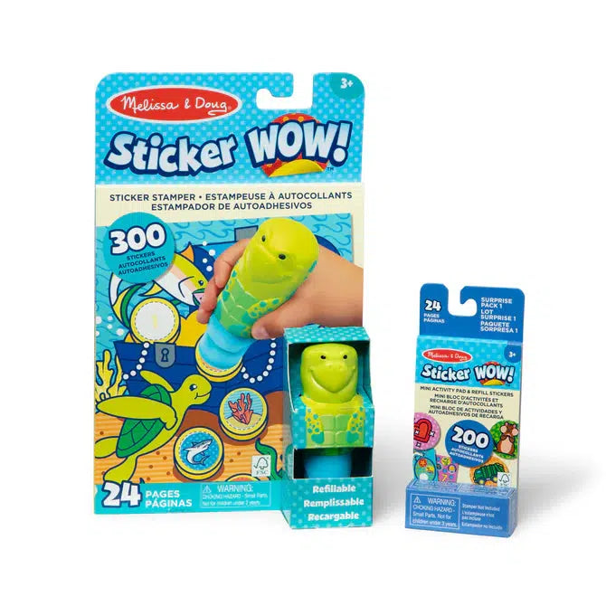 Sticker Wow! Book next to turtle stamper and sticker refill. Packaging is blue and green and shows a hand stamping a sticker