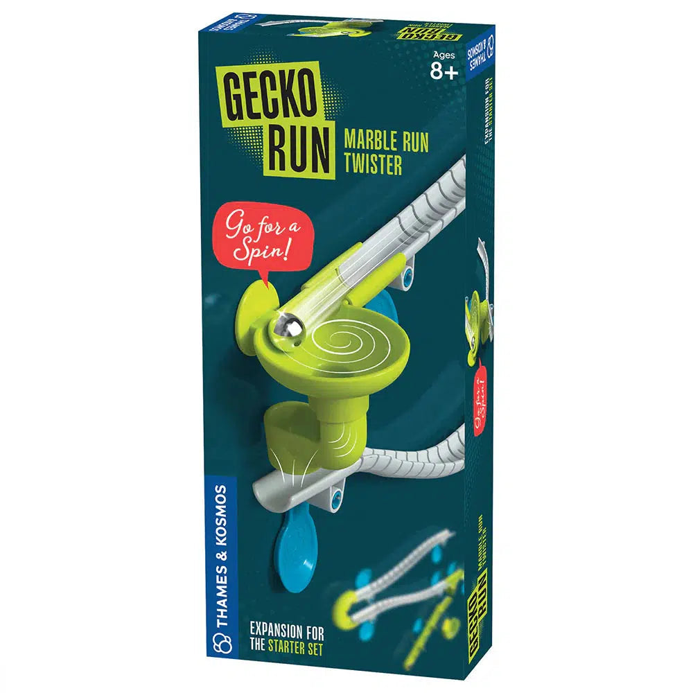 Box for "Gecko Run Marble Run Twister" by Thames &amp; Kosmos, showcasing thrilling nano-adhesive vertical tracks and a spiral path with a marble. Designed for ages 8+, the packaging highlights the phrase "Go for a Spin!