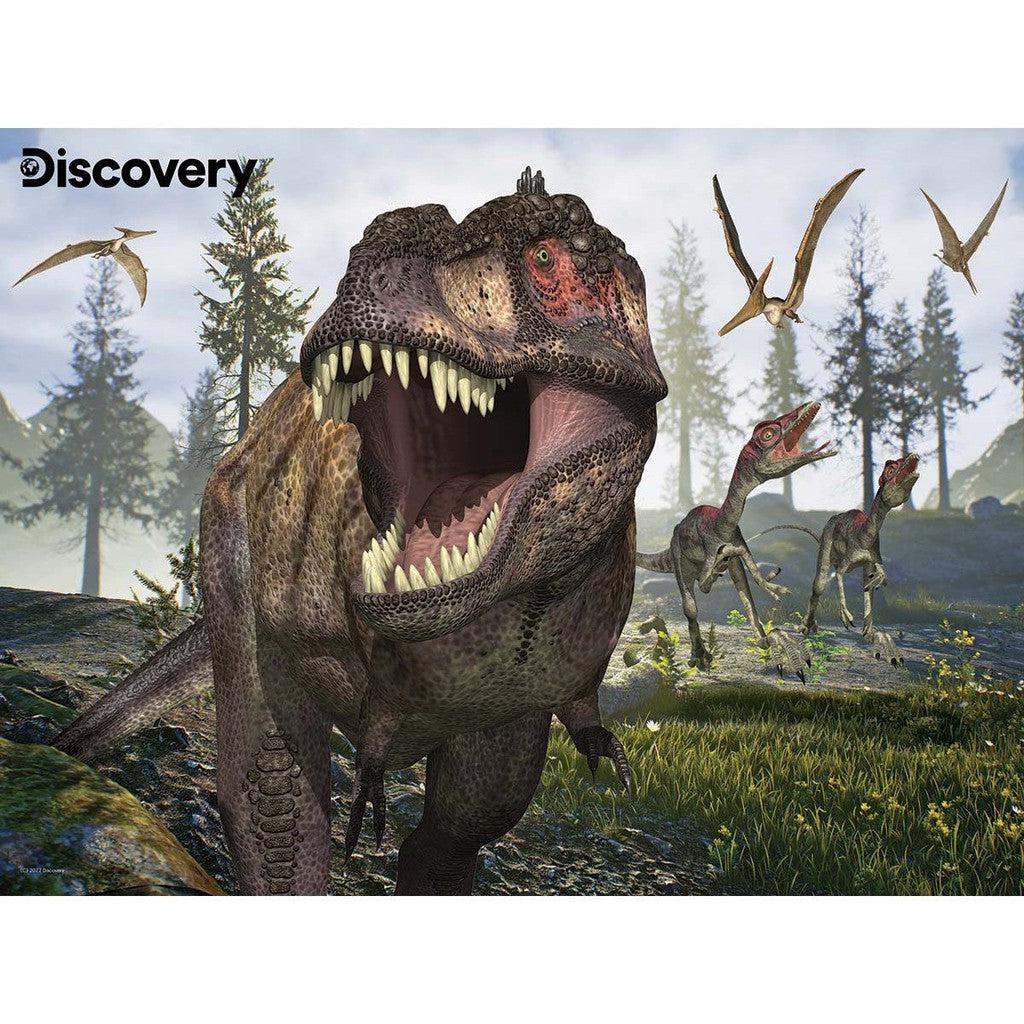 Featuring a roaring Tyrannosaurus Rex with two others in the background and flying reptiles overhead in a forested landscape, this scene is beautifully branded with the Discovery logo. An offering from Prime 3D Ltd.