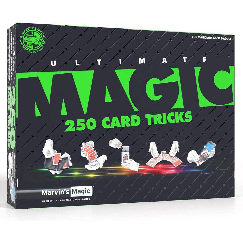 Box cover of "Ultimate Magic: 250 Card Tricks" by Marvin's Magic, showcasing a captivating Magic Card Set with illustrations of hands performing various card tricks.