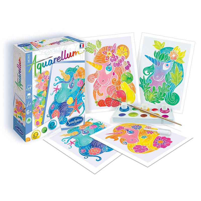 Discover the joy of creating with this mini paint set featuring an aquarelle kit. It includes a paintbrush, watercolor paints, and enchanting unicorns displayed on sheets.