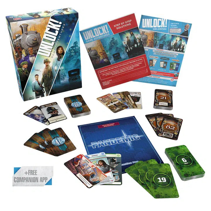 Board game set featuring "Unlock!" and "Pandemic," perfect for escape room enthusiasts. Includes game boxes, cards, boards, and instructions. A free companion app enhances the cooperative card game experience mentioned in the image.