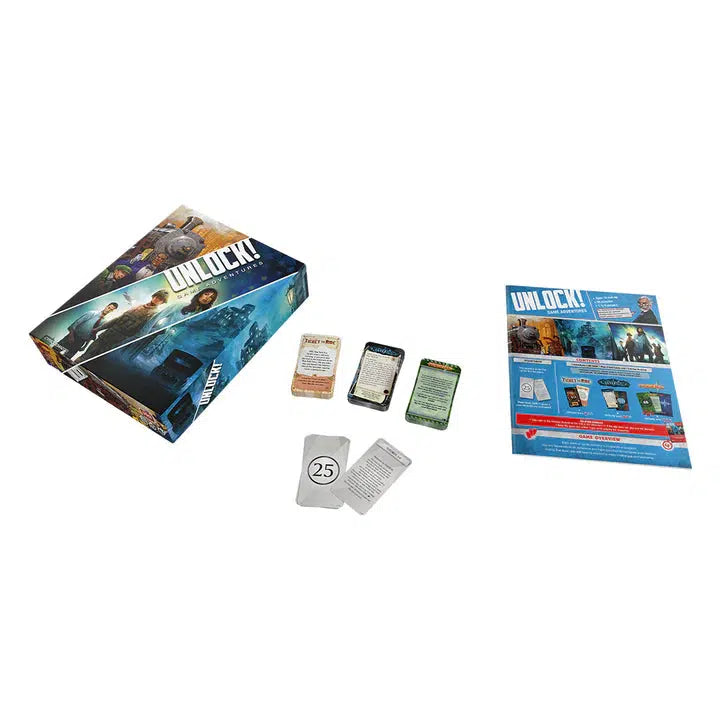 Box of Unlock! game with cards and instruction booklet laid out on a surface, inviting players to dive into a cooperative card game experience. This tabletop adventure captures the thrill of escape rooms and is enhanced by a companion app for more interactive fun.