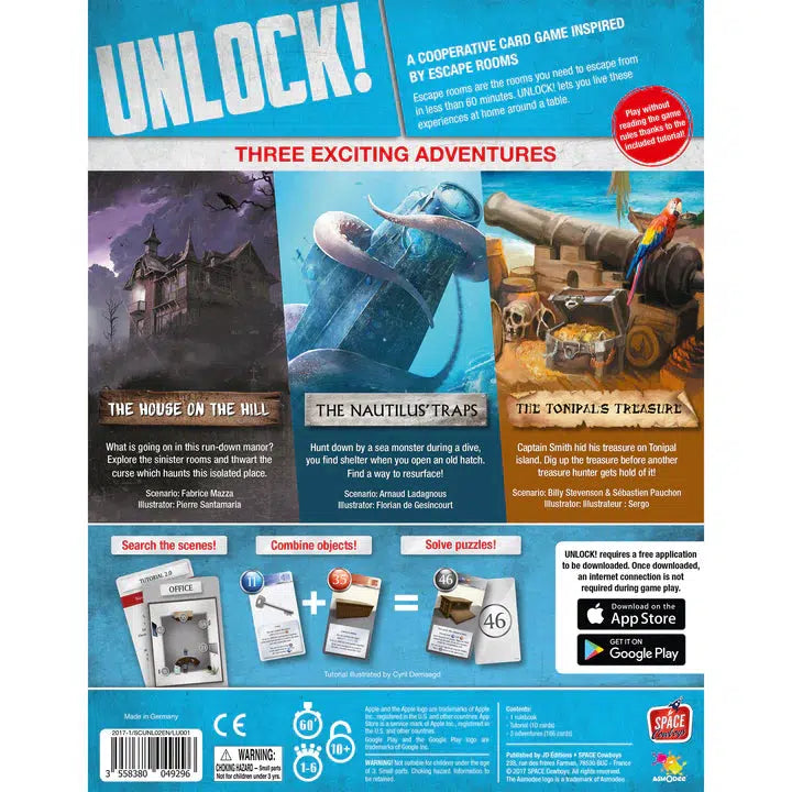 Back of a card game box showcasing Unlock Mystery Adventures with three thrilling escape room experiences: "The House on the Hill," "The Nautilus' Traps," an underwater adventure dodging sea monsters, and "The Tonipal's Treasure," complete with images and brief descriptions.