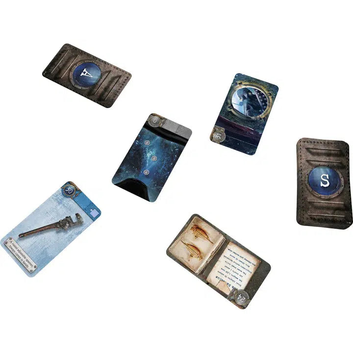 Six cards from the board game UNLOCK! Mystery Adventures are spread out, showcasing an array of intriguing images like keys, letters, and mysterious symbols. These elements hint at a sinister curse waiting to be unveiled in this captivating underwater adventure.