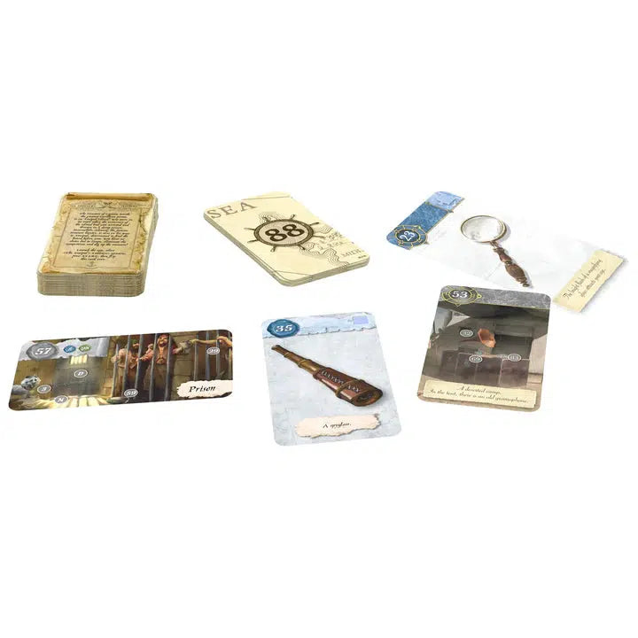 A set of board game cards, Unlock Mystery Adventures, features a deck and various individual cards with vivid illustrations of items and scenes. Laid out on a white background, the collection hints at sinister curses and thrilling underwater adventures waiting to be explored.