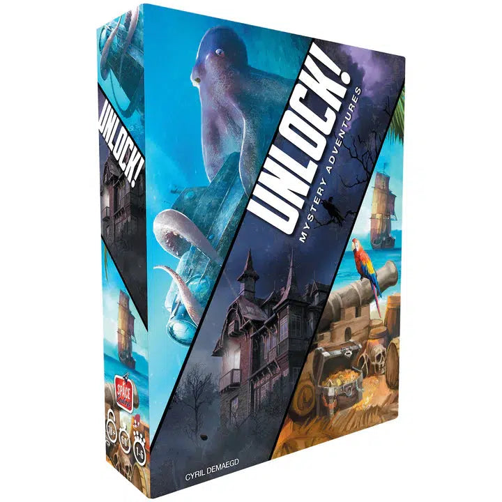 The box of the board game "UNLOCK! Mystery Adventures" showcases a captivating underwater adventure with an octopus, a haunted house, a ship, and a parrot perched on a treasure chest, all hinting at a sinister curse waiting to be unraveled.