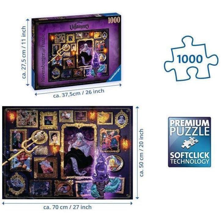 Ravensburger 1000-piece puzzle showcasing a mystical collage of framed images, including the enchanting Ursula from Disney Villainous. Measuring 70 cm by 50 cm when completed, this Disney jigsaw puzzle features Softclick technology for a seamless fit.