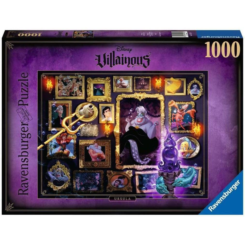 This Ravensburger Disney Villainous 1000-piece puzzle showcases Ursula and other notorious characters in a stunning collage on a purple background. Experience the satisfying fit of Softclick Technology for an enjoyable puzzling experience.