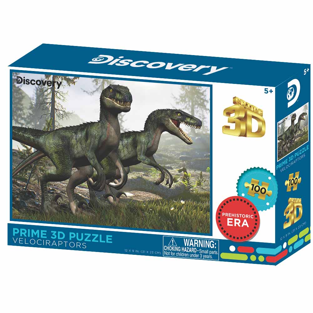 This captivating 3D puzzle box from Prime 3D Ltd features two velociraptors in a prehistoric setting, labeled "Discovery" and "Prime 3D Puzzle."