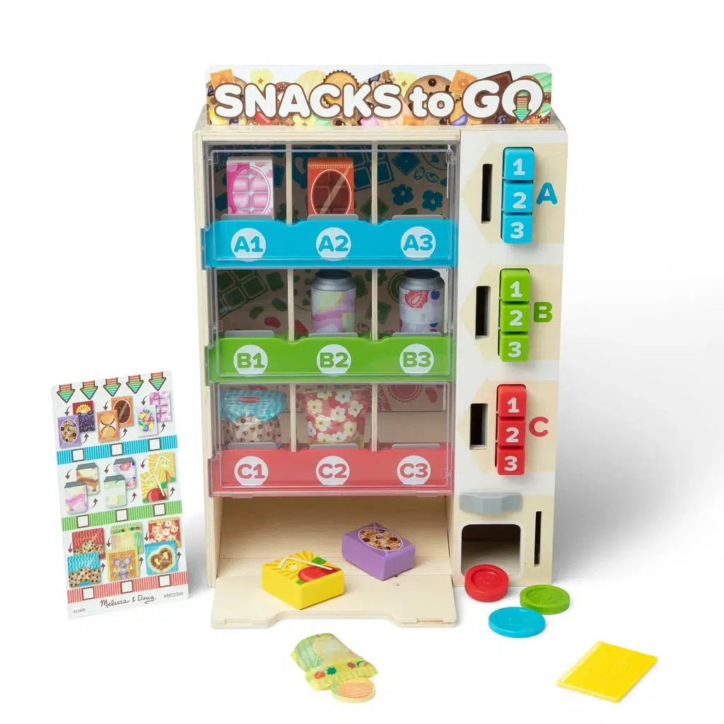 Explore the wooden vending machine, featuring play food packages and numbered compartments. Includes pretend snacks, color-matching play coins, and a menu card for endless imaginative fun.