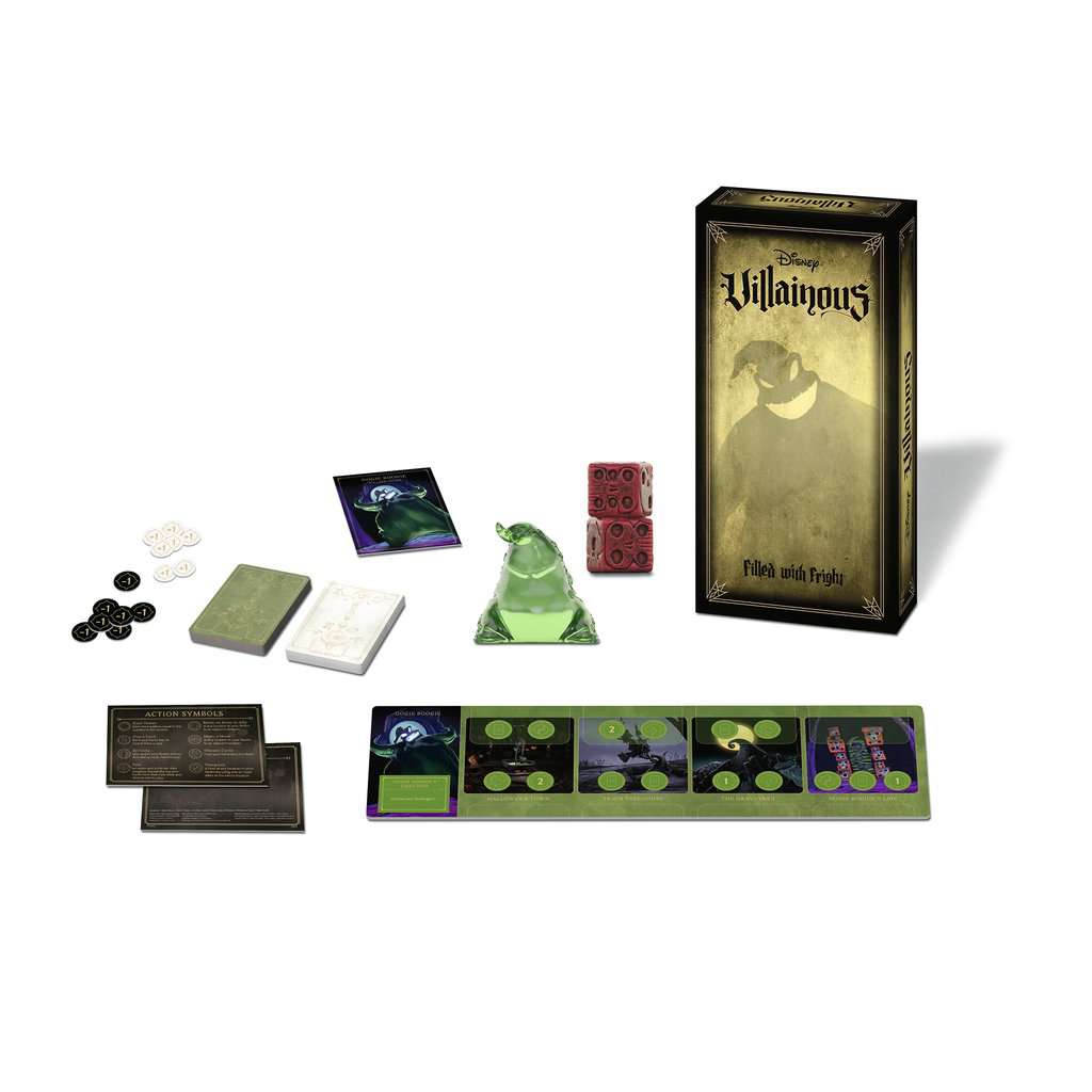 Disney Villainous board game components, including cards, game pieces, tokens, and dice, displayed alongside the box titled "Wicked to the Core.