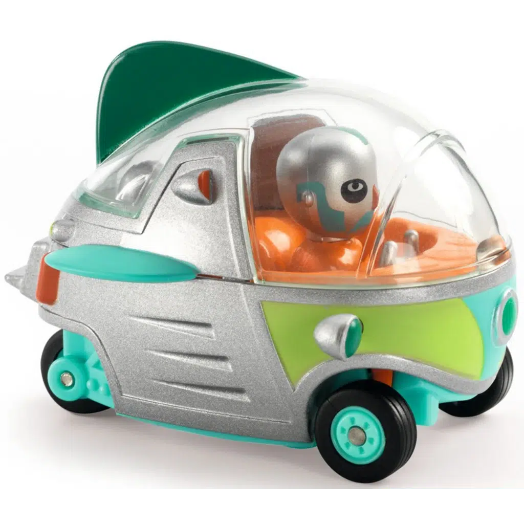 A toy car with a futuristic design, featuring a dome-shaped glass top and a seated figure inside. The silver car with green accents and four wheels exudes modern quirkiness, blending sleek innovation with playful charm for a unique shopping experience.